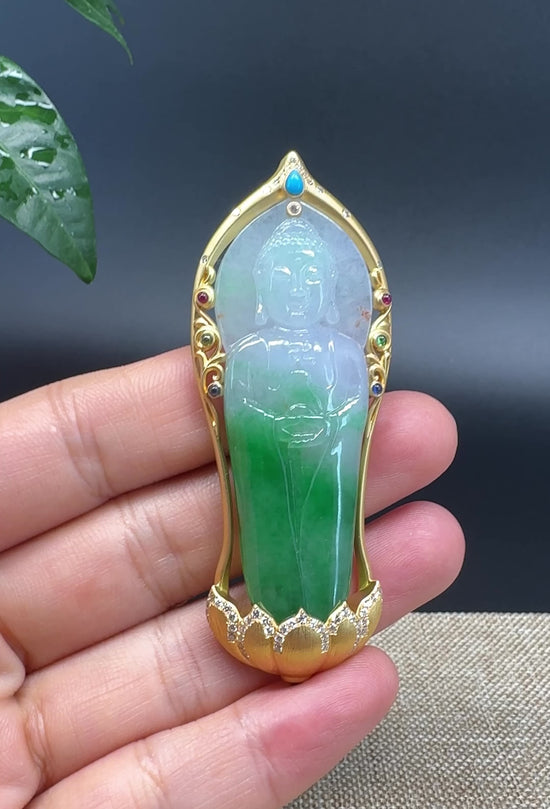 Load and play video in Gallery viewer, High-end 18K Yellow Gold  Burnese White Green Jadeite Jade Guanyin Pendant with Diamond
