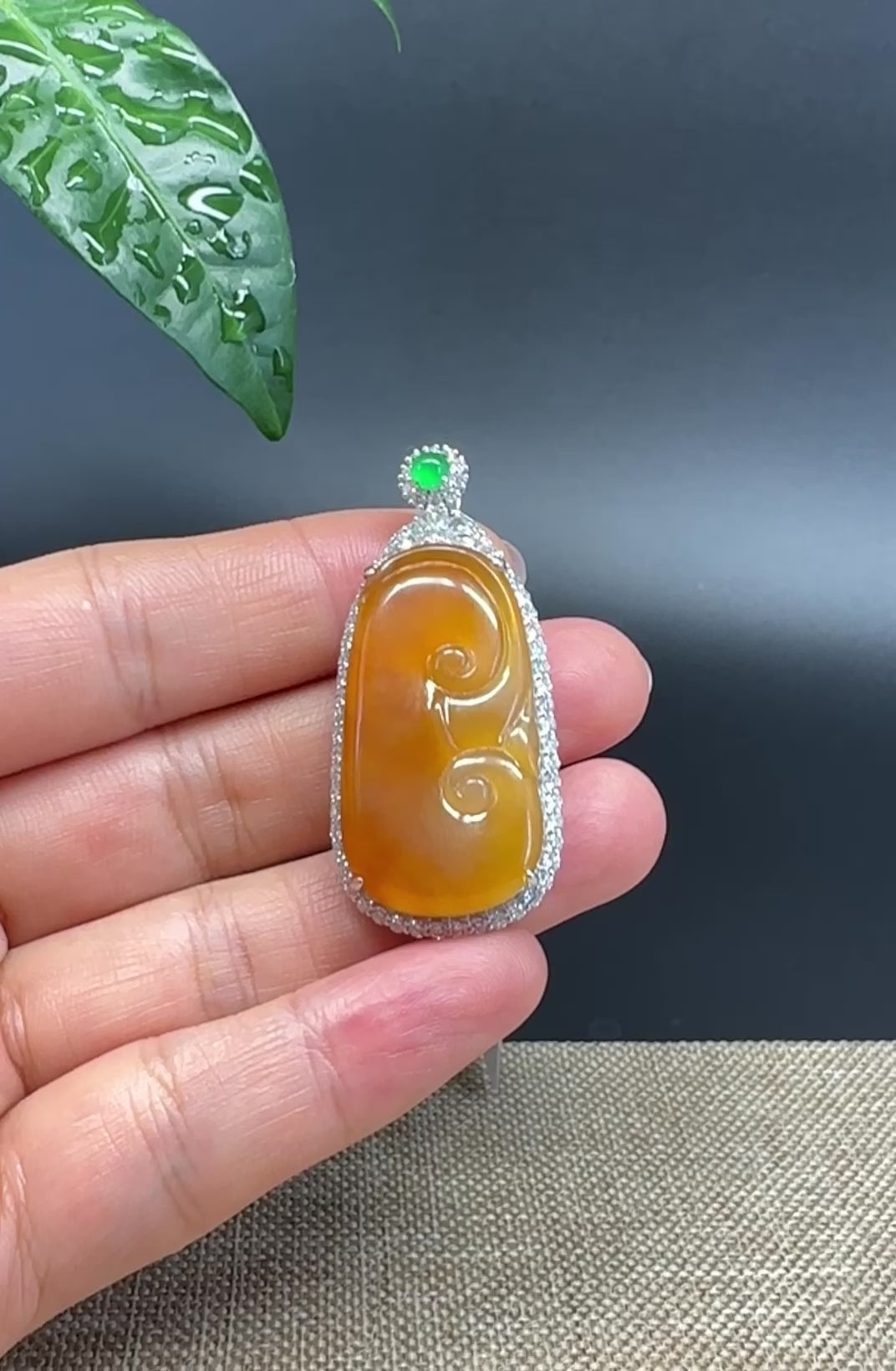 Load and play video in Gallery viewer, RealJade® Co. High-end 18K White Gold Honey yellow Jadeite Jade Ru Yi Pendant
