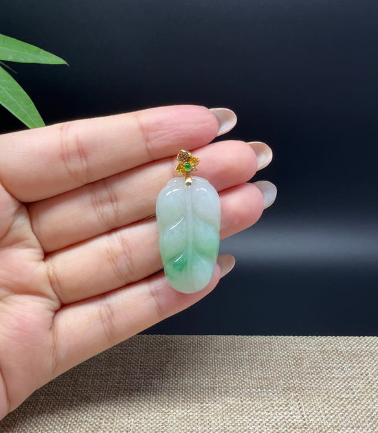 Load and play video in Gallery viewer, RealJade® Co. Genuine Ice Green Jadeite Jade Jin Zhi Yu Ye (Leaf) Necklace With 18K Yellow Gold Bail
