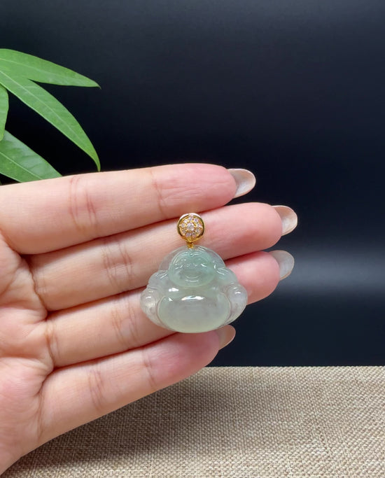 Load and play video in Gallery viewer, 18K Yellow Gold Burmese Icy Green Jadeite Jade Happy Buddha Pendant
