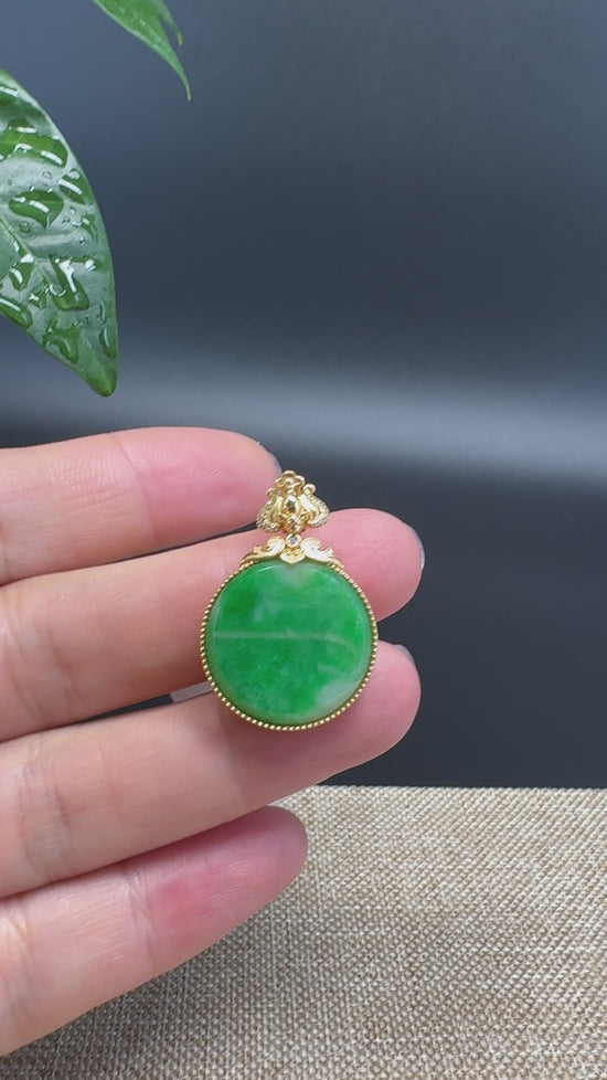 Load and play video in Gallery viewer, &amp;quot;Good Luck Button&amp;quot;Green Jadeite Jade Lucky KouKou Pendant With 18K Yellow Gold  Bail
