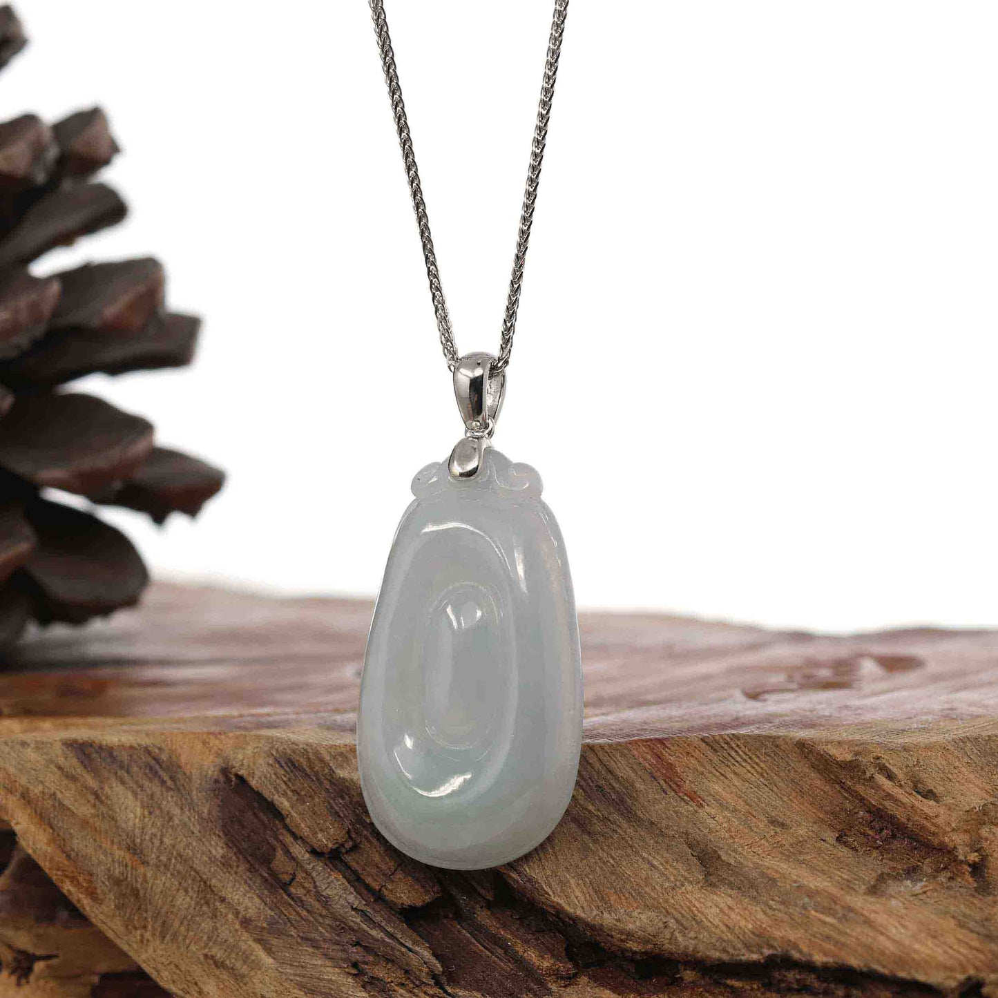 RealJade Co.® Jade Guanyin Pendant Necklace Copy of Natural Light Green Jadeite Jade Fu Bei Pendant Necklace With Sterling Silver Bail