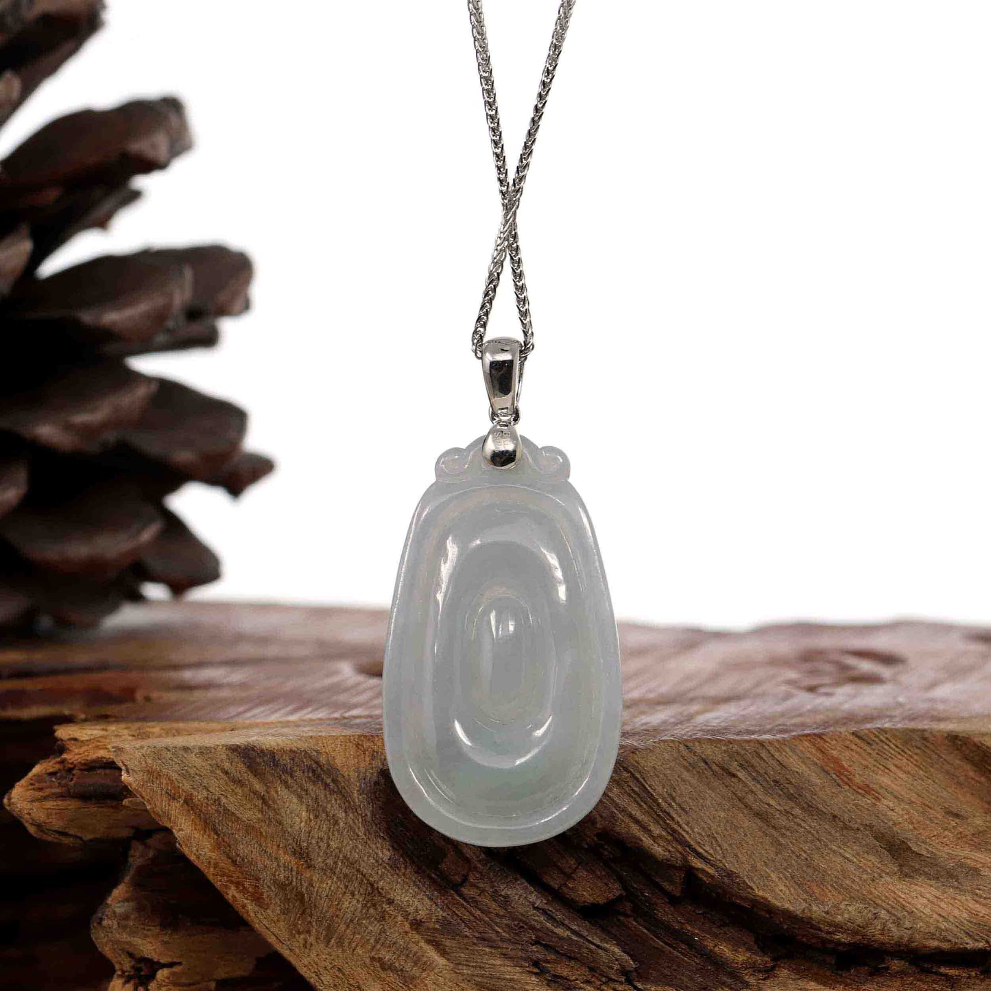 RealJade Co.® Jade Guanyin Pendant Necklace Copy of Natural Light Green Jadeite Jade Fu Bei Pendant Necklace With Sterling Silver Bail