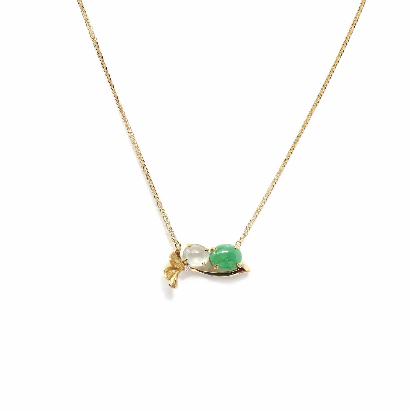 Golden GINKGO necklace with green crystal – buy at Poison Drop online  store, SKU 46401.