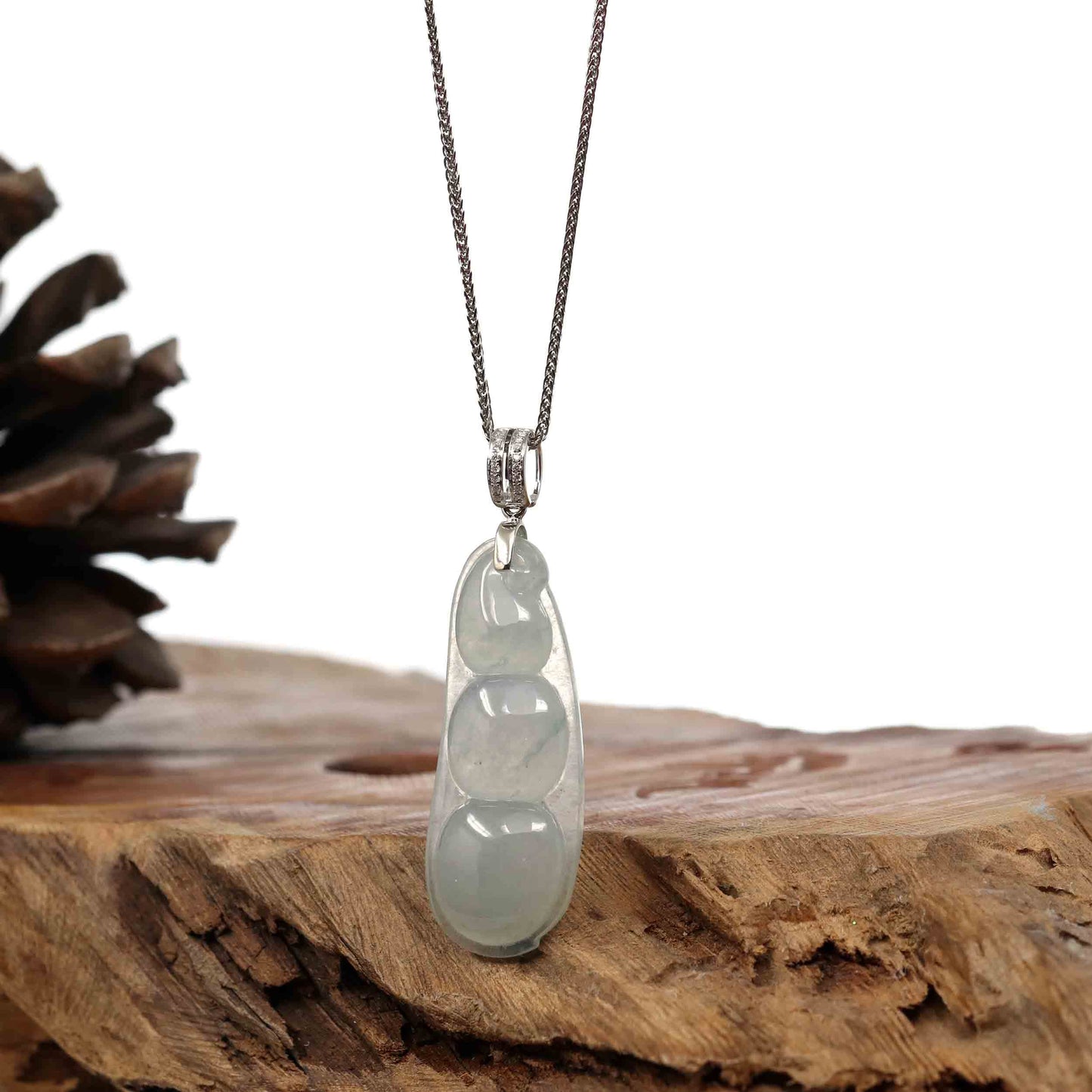 RealJade® Co. Jade Guanyin Pendant Necklace  Genuine Ice Jadeite Jade Fu Dou Necklace With White Gold VSI Diamond Bail