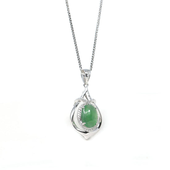 RealJade Co. 18k Gold Jadeite Necklace 18K White Gold Oval Imperial Jadeite Jade Cabochon Necklace with Diamonds