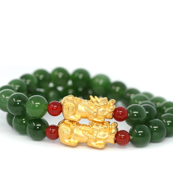 24K Pure Yellow Gold "Pixiu" With Genuine Green Jade Round Beads Bracelet Bangle ( 9.5 mm )