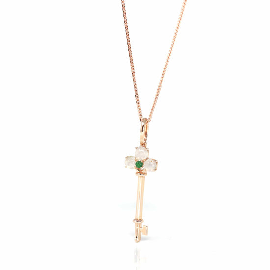 RealJade™ "Jadeite Good Luck Key" 18k Rose Gold Genuine Burmese Jadeite Necklace With Diamonds