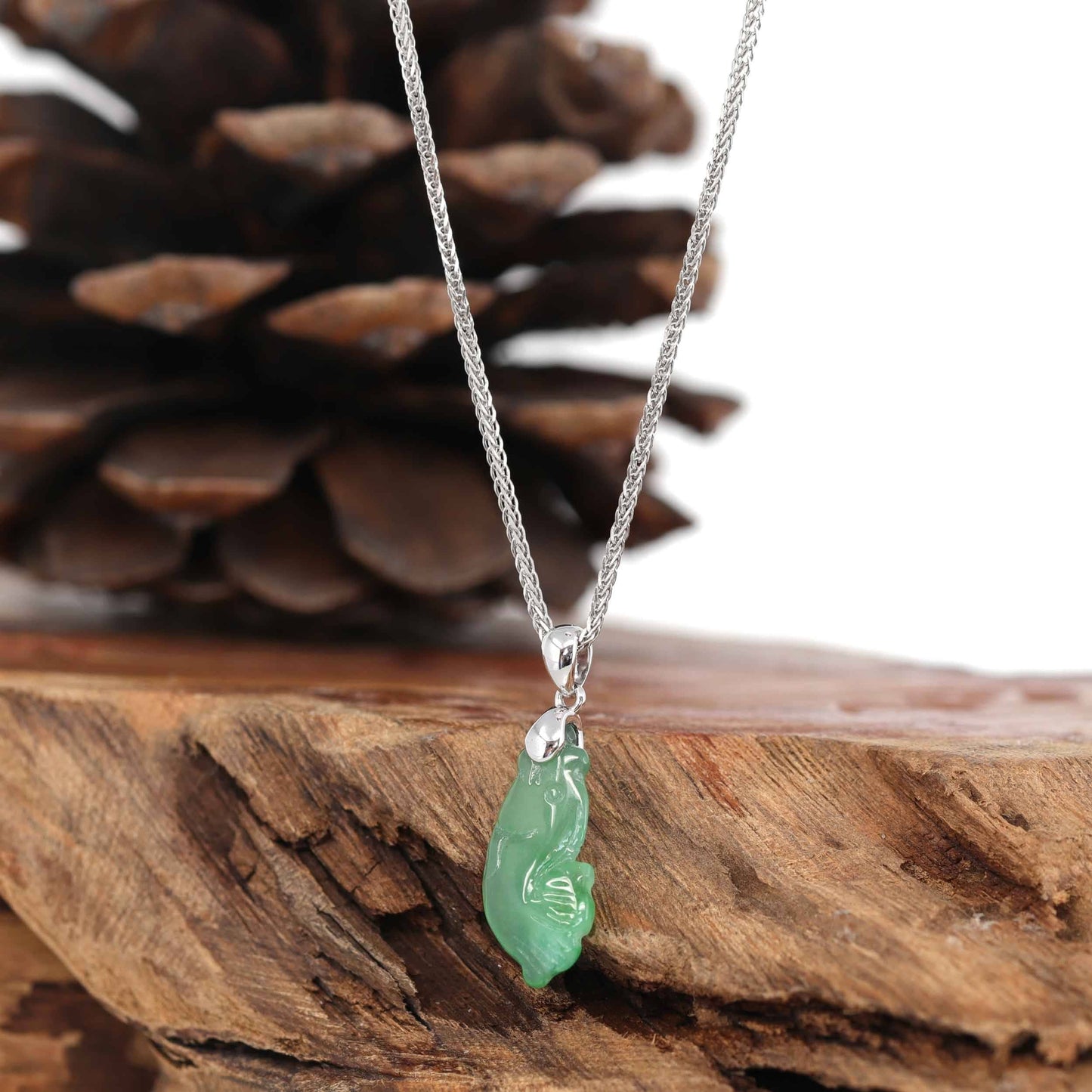 RealJade® "Prosperity Every Year (年年有鱼)" Lucky Fish Carving Pendant Necklace Natural Green Jadeite Jade JG154