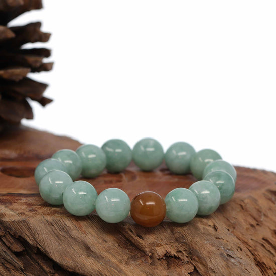 Jadeite Jade 13mm Round Green Beads Bracelet ( 13 mm ) For Men